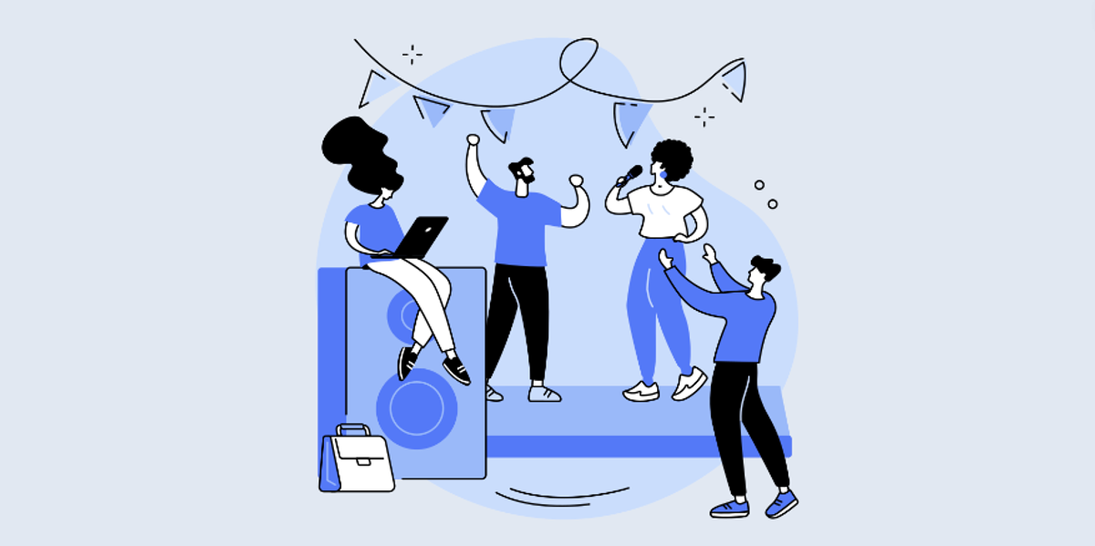 Cartoon image of coworkers throwing an inclusive holiday party with karaoke