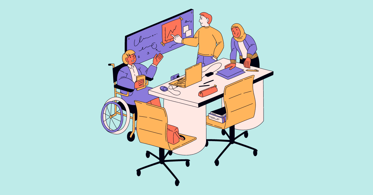 Cartoon image of diverse group of coworkers conducting a meeting together