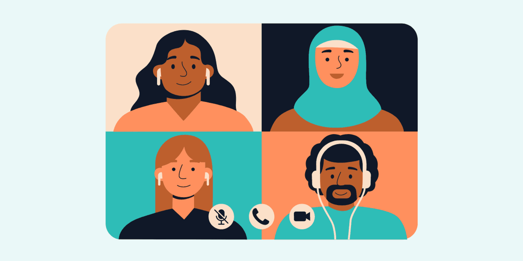 Cartoon image of four people in a simulated virtual meeting with headphones in.
