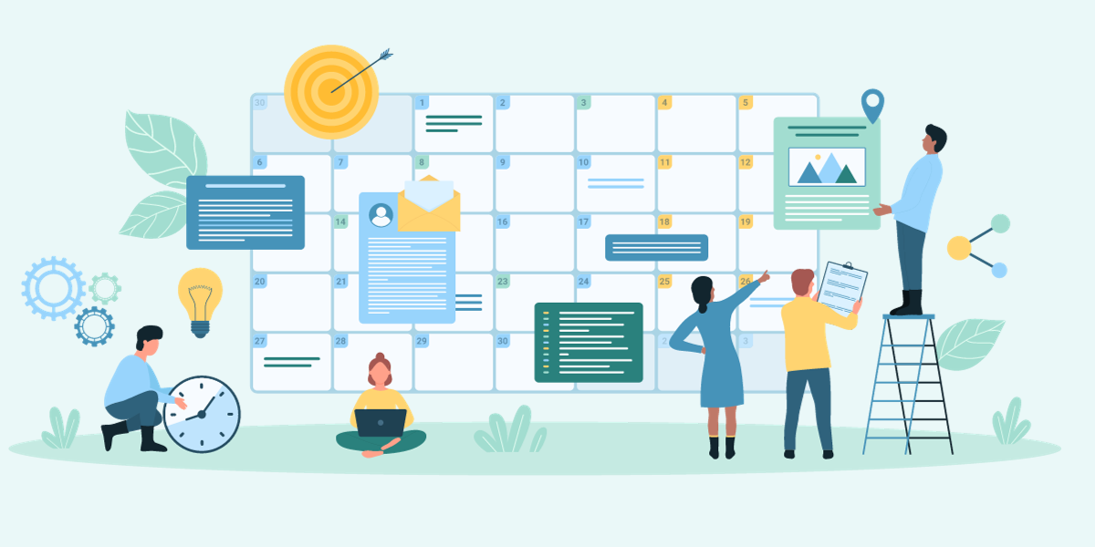 Cartoon image of people looking at dates on a diversity and inclusion calendar for 2024