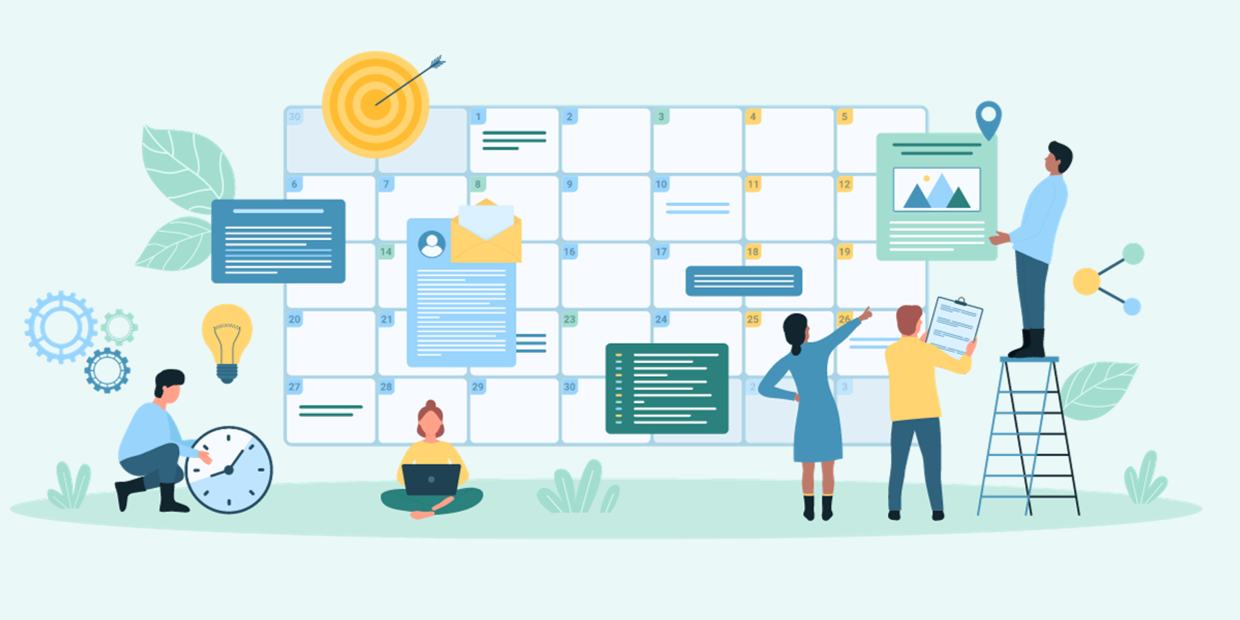 Cartoon image of people looking at dates on a diversity and inclusion calendar for 2024
