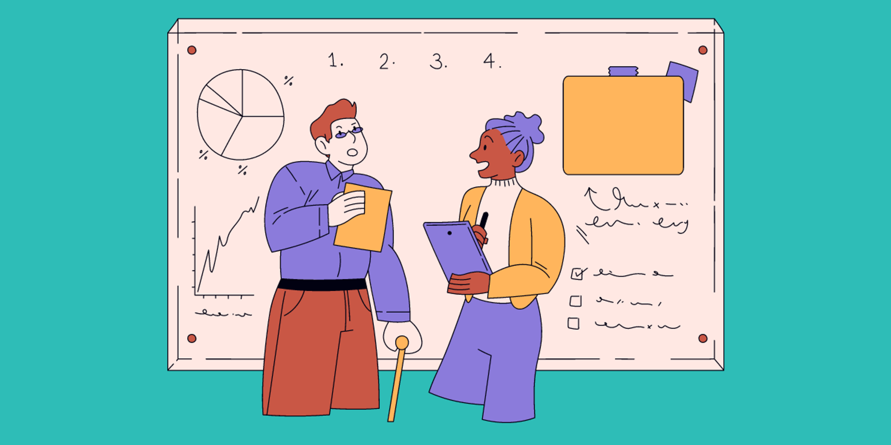 Cartoon image of two colleagues participating in a diversity and inclusion activity in the workplace