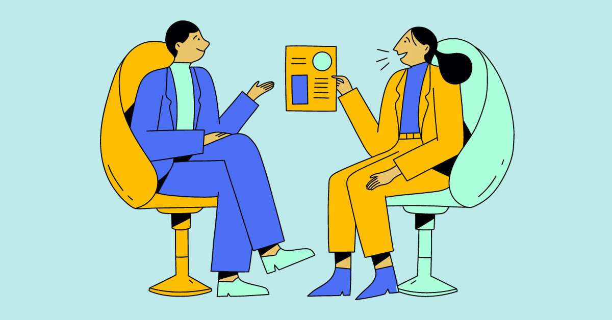 Cartoon image of two people conducting an interview using inclusive hiring practices