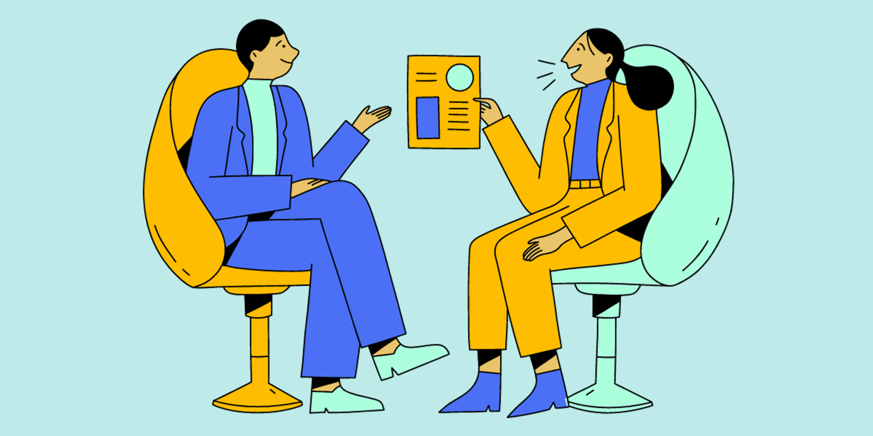 Cartoon image of two people conducting an interview using inclusive hiring practices