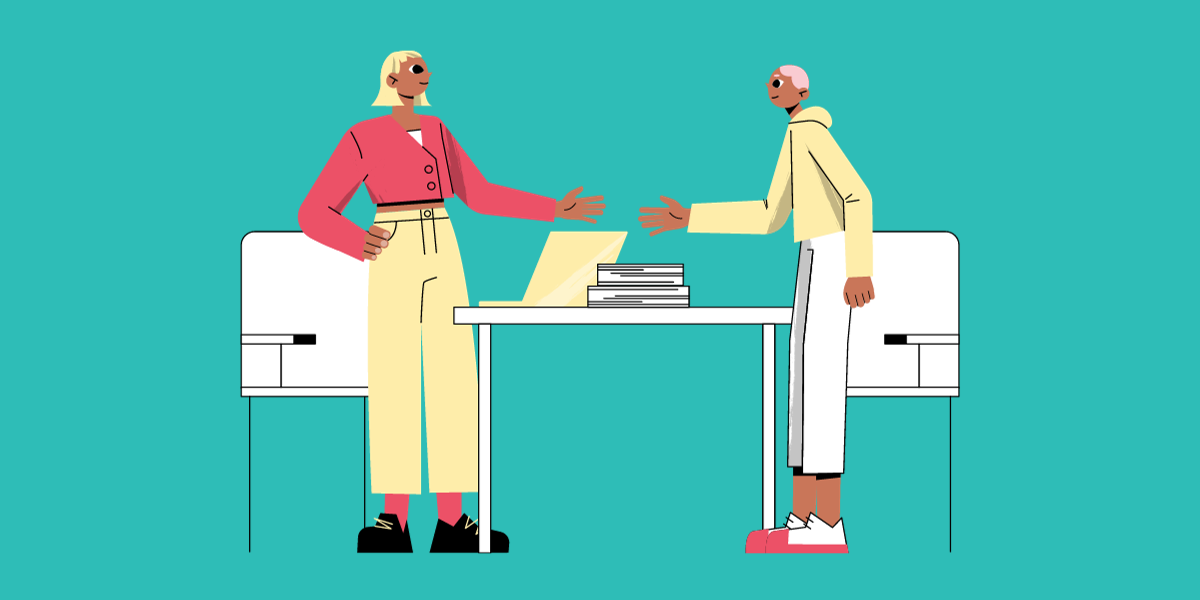 Cartoon image of two people in pants writing a gender neutral dress code