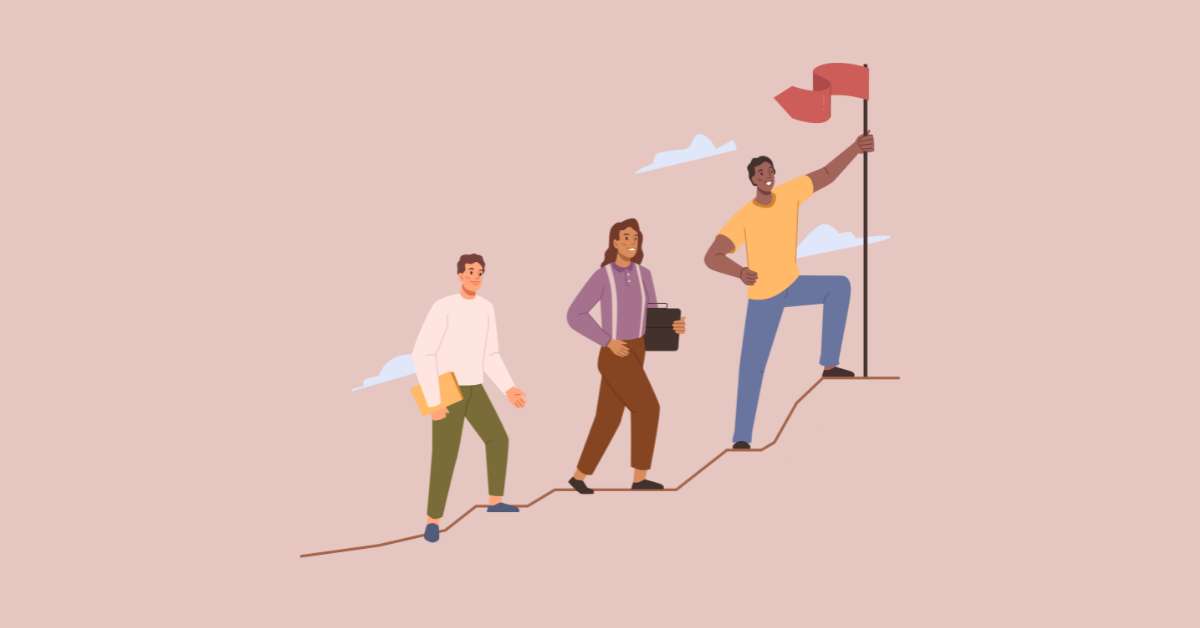 Cartoon of three people reaching a mountainous peak and planting a big red flag while carrying work materials.