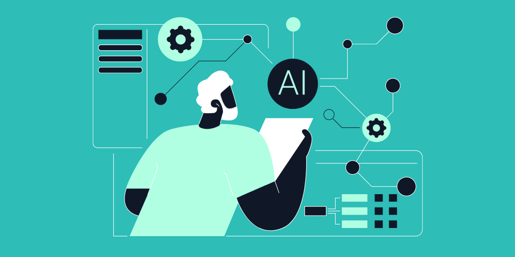 Cartoon person with paper and AI