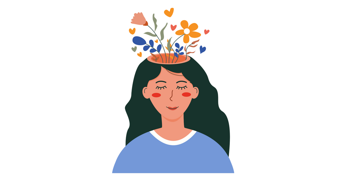 Cartoon woman with flowers blooming from her head