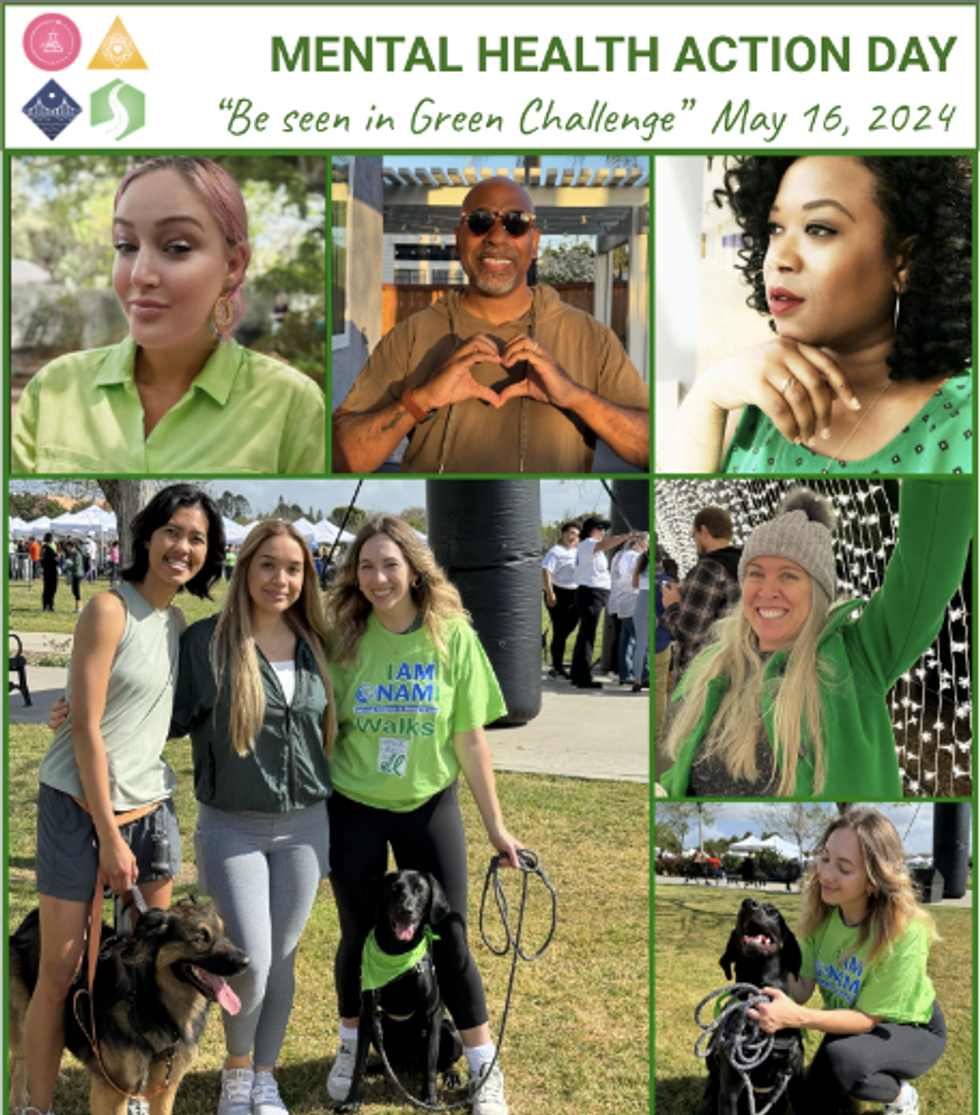 Collage of photos from "Mental Health Action Day 2024" at Helix showing various employees outside with their dogs in a park