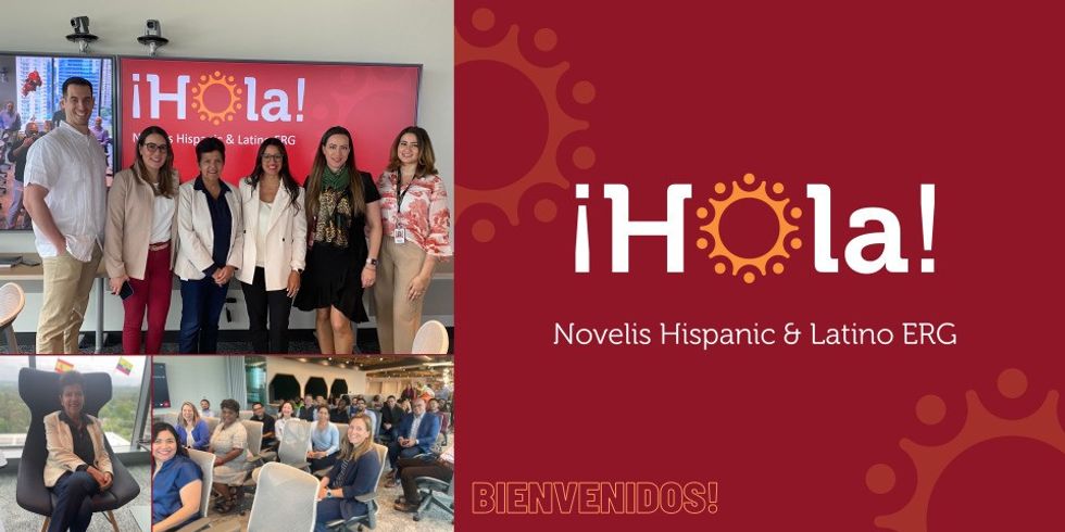 Collage of two group photos of the members of the Novelis ERG, \u00a1HOLA!, and one image that says \u00a1HOLA! Novelis Hispanic & Latino ERG and the word Bienvenidos, meaning welcome