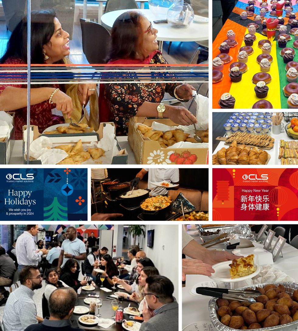 Collage with various images of the CLS workforce celebrating different holidays with traditional foods 