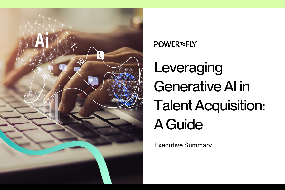Cover image for PowerToFly's Leveraging Generative AI in Talent Acquisition report showing the hands of someone typing on a keyboard and using AI