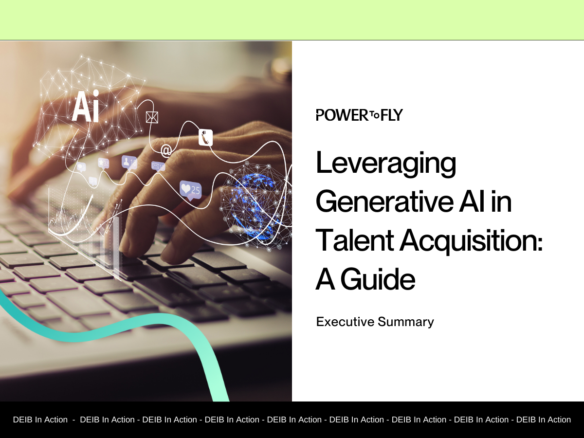 Cover image for PowerToFly's Leveraging Generative AI in Talent Acquisition report showing the hands of someone typing on a keyboard and using AI