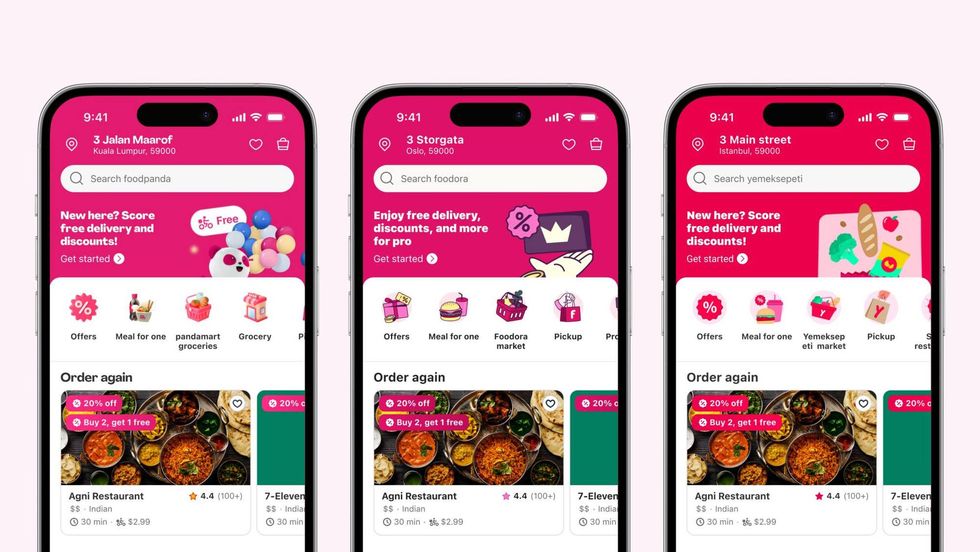 Delivery Hero food delivery app interfaces shown on three mobile screens, highlighting AI-driven search, personalized offers, and localized user experiences across different regions.