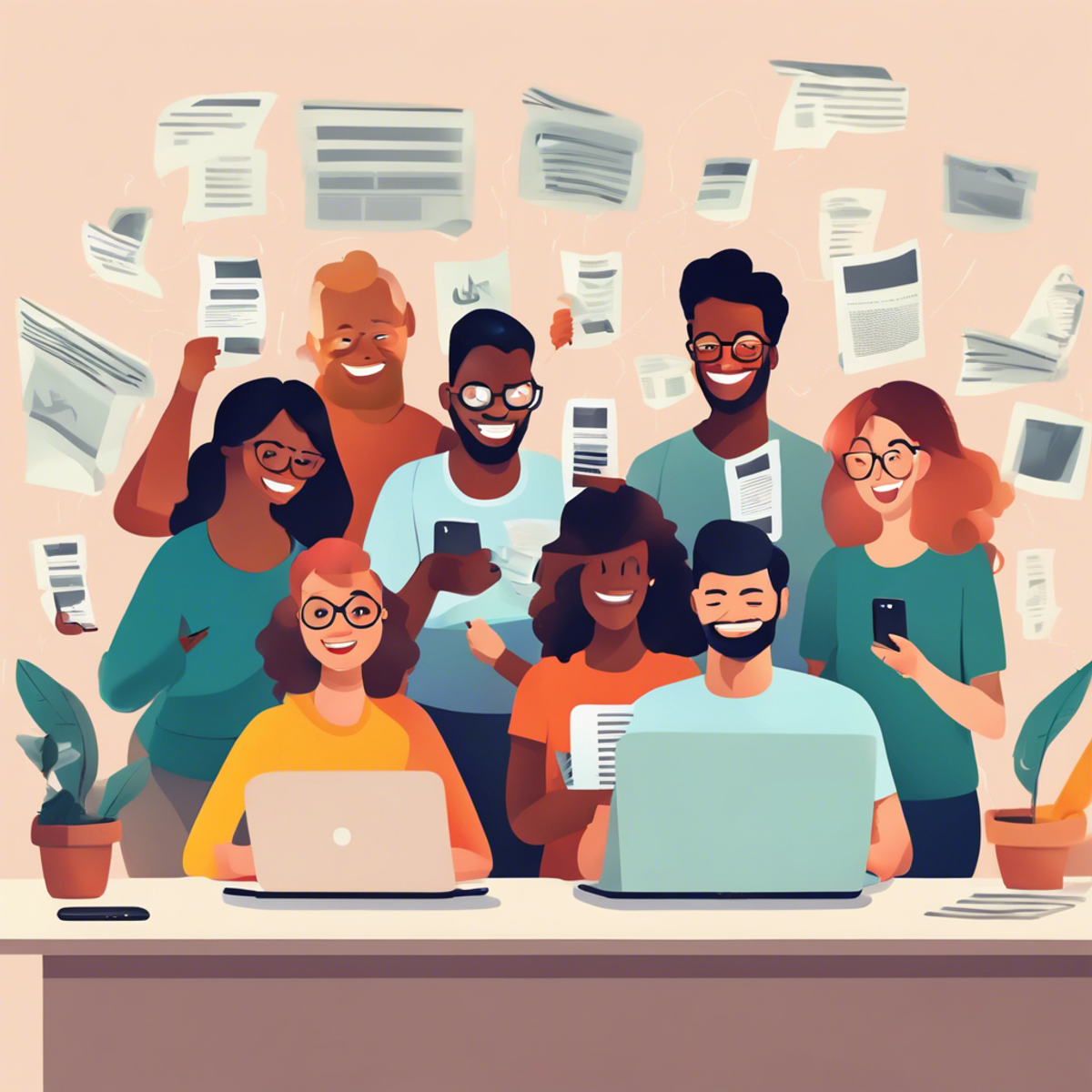 diverse group of happy people reading online news editorial style