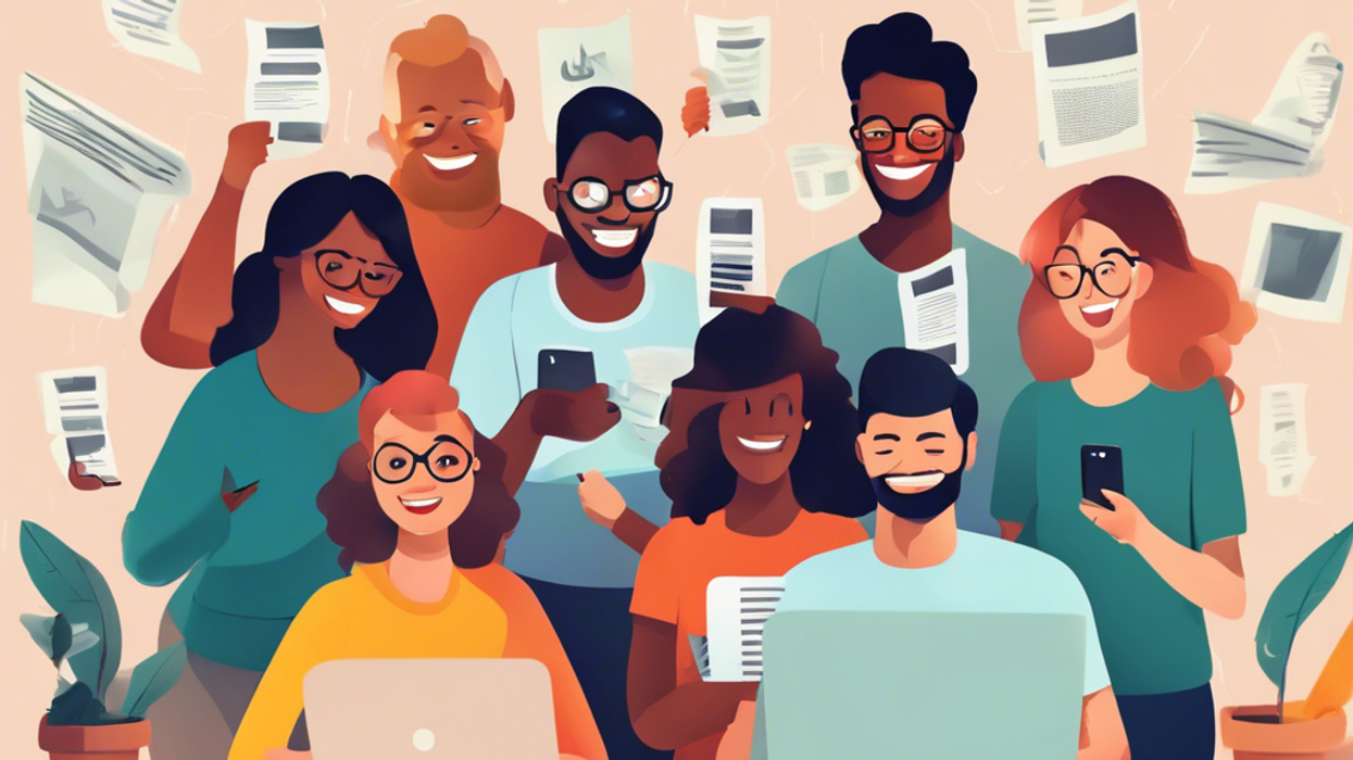 diverse group of happy people reading online news editorial style