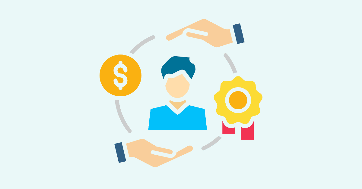 Employee retention concept illustration showing employee surrounded by compensation, recognition, and support icons representing workplace retention strategies