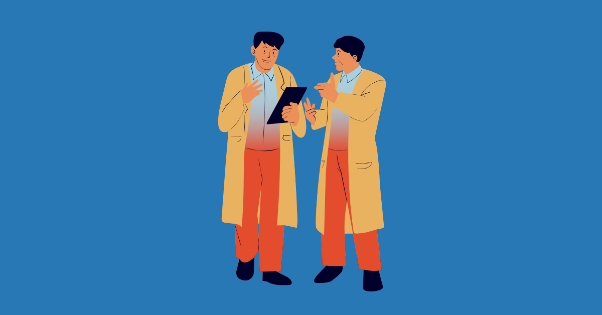 Flat illustration of two professionals in long coats standing against a blue background, discussing and pointing at a tablet, suggesting collaboration or reviewing information together.