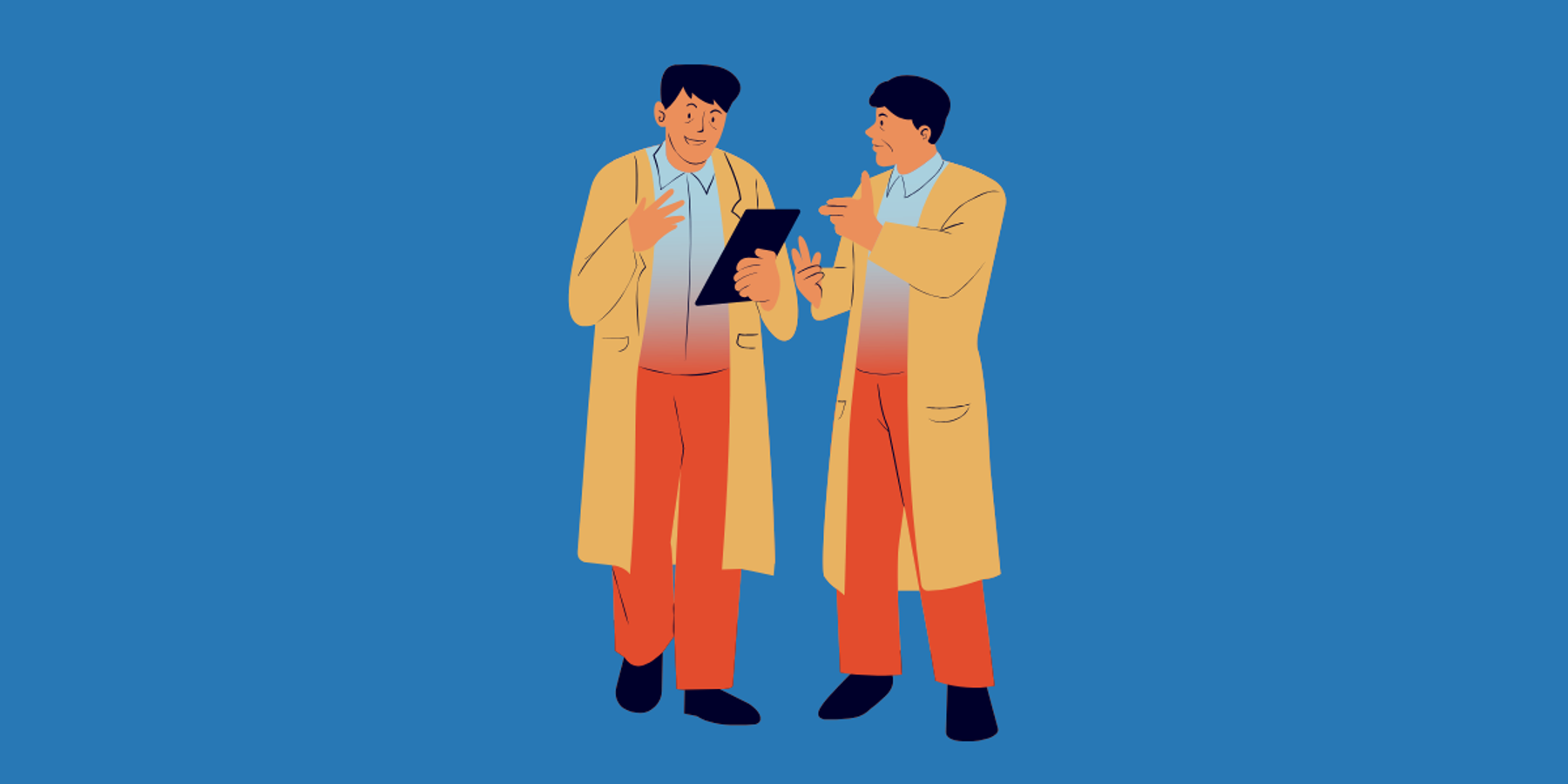 Flat illustration of two professionals in long coats standing against a blue background, discussing and pointing at a tablet, suggesting collaboration or reviewing information together.