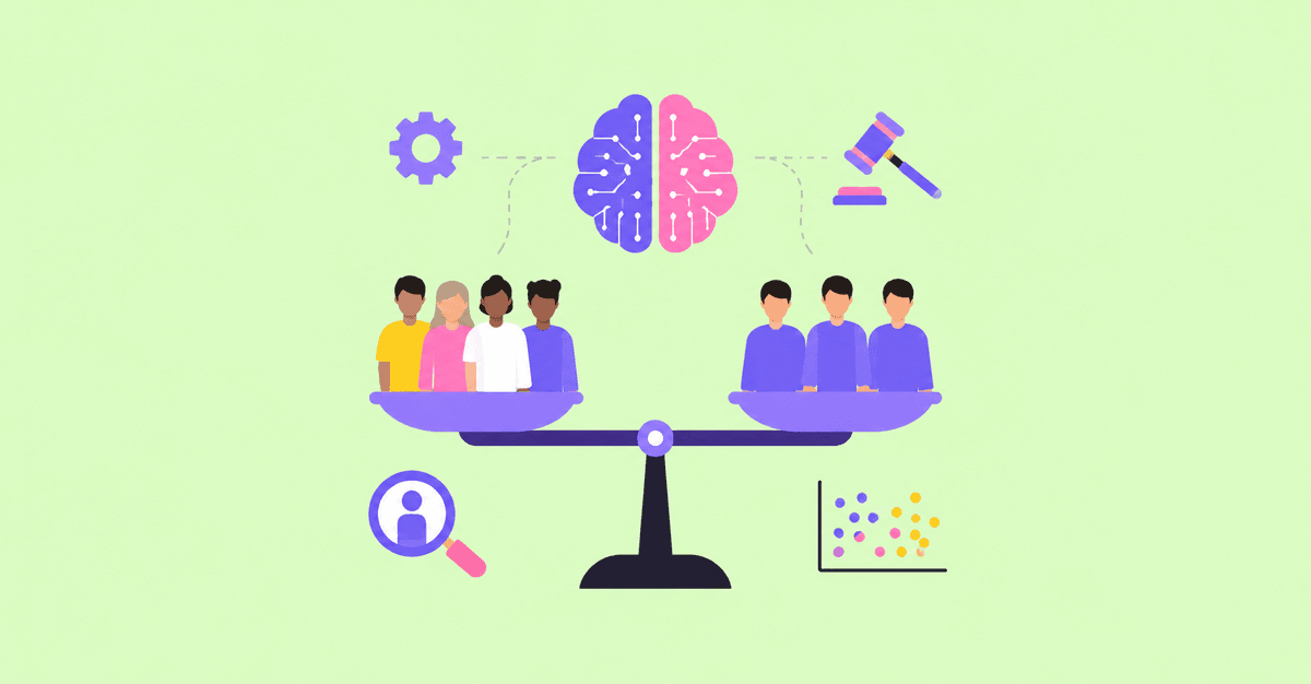 Flat vector illustration representing AI bias on a light green background. A balance scale compares a diverse group of people with a more uniform group beneath a stylized AI brain. Surrounding icons, including a magnifying glass, gear, gavel, and data points, symbolize fairness, evaluation, and the impact of human perspectives on AI systems.