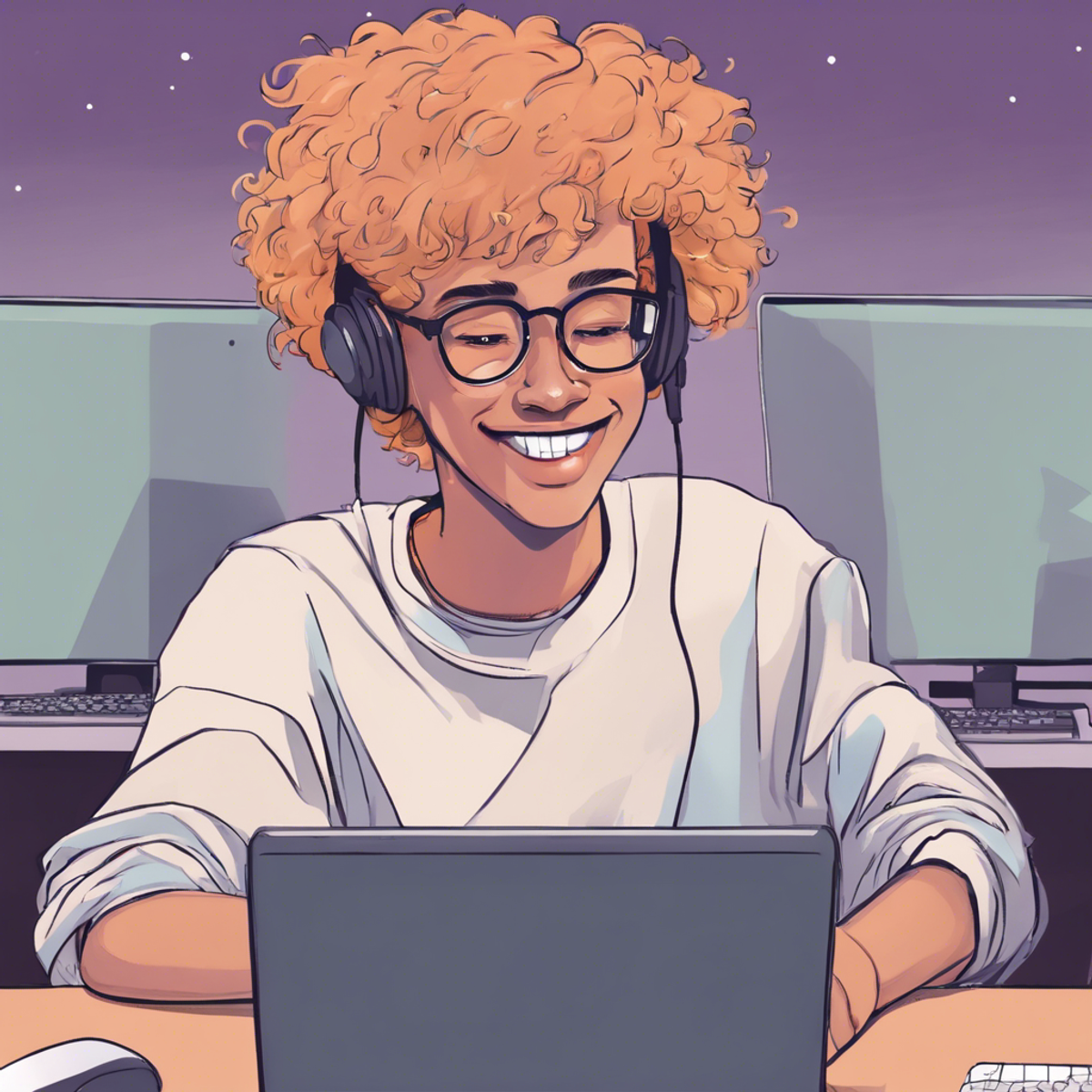 focused happy non binary person looking at a computer screen