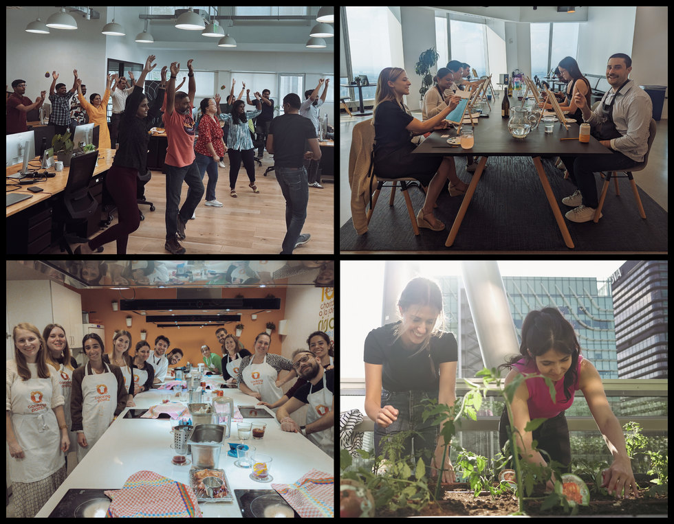 Four different images of Celonis team bonding events, including a yoga class, painting class, cooking class, and gardening