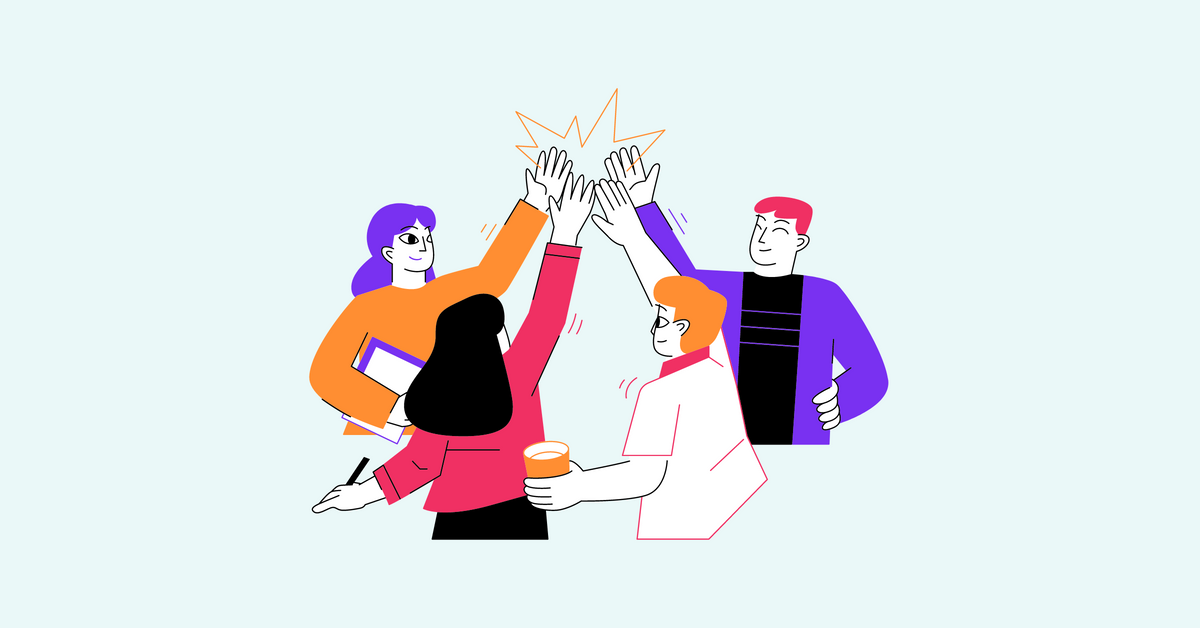 Four graphic images of people all high-fiving, representing how to build a culture in your company