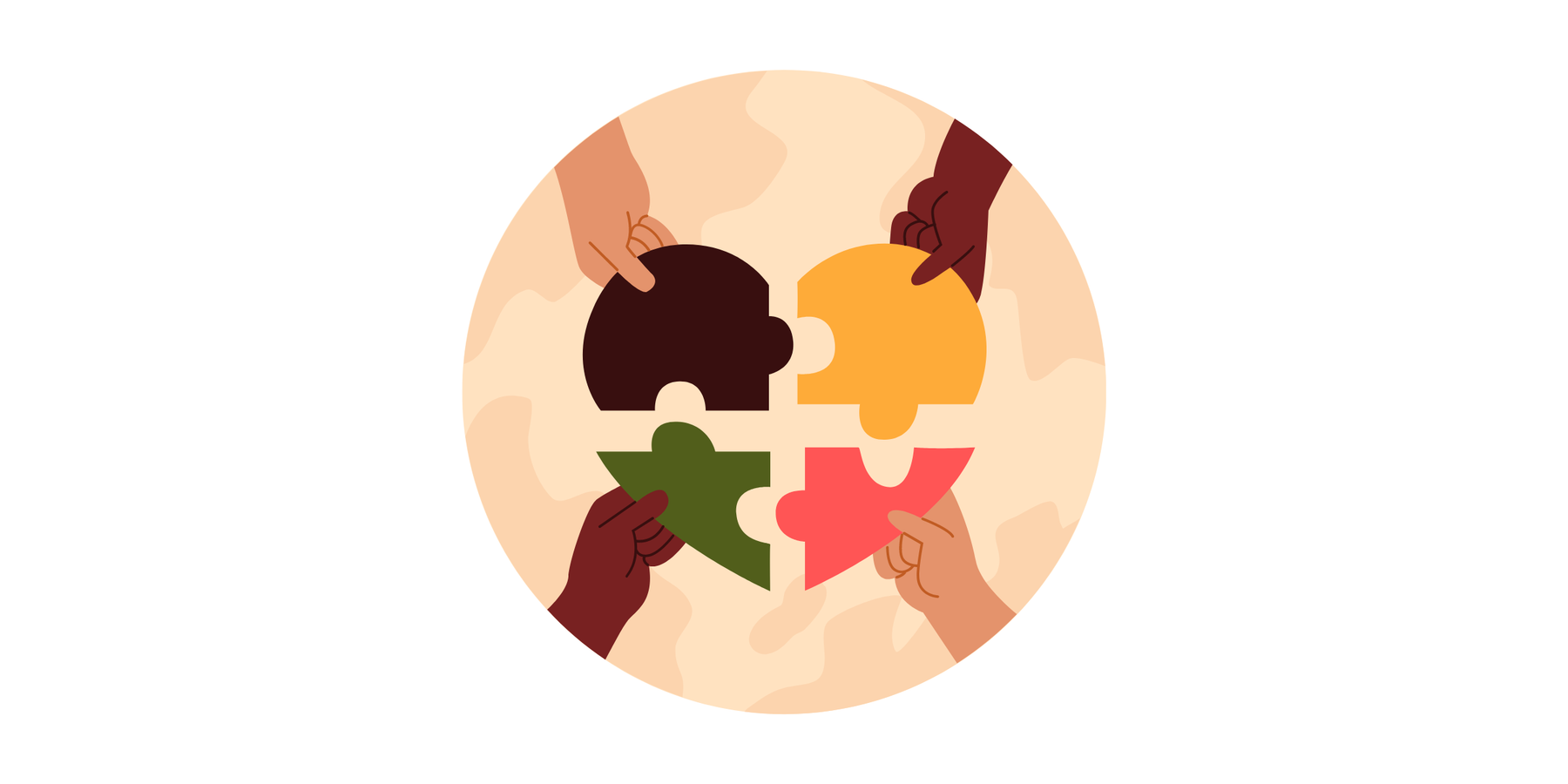 Four hands coming together, each with a puzzle piece, to make a heart. The colors are black, green, red, and yellow — the colors of Black History Month.