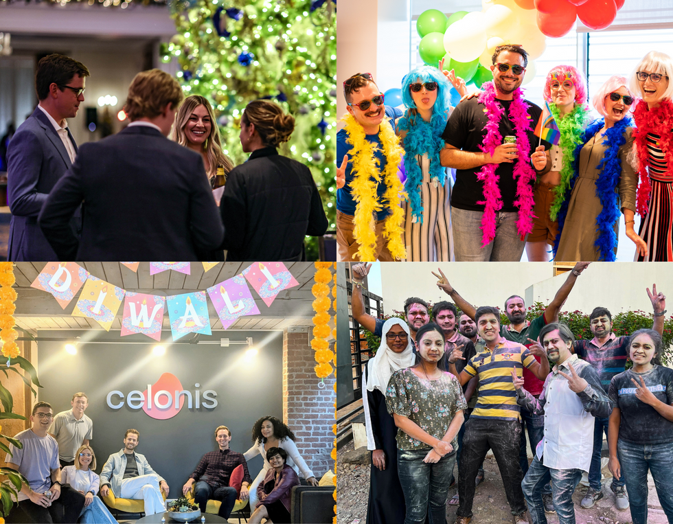 Four images of the Celonis team celebrating different events and holidays