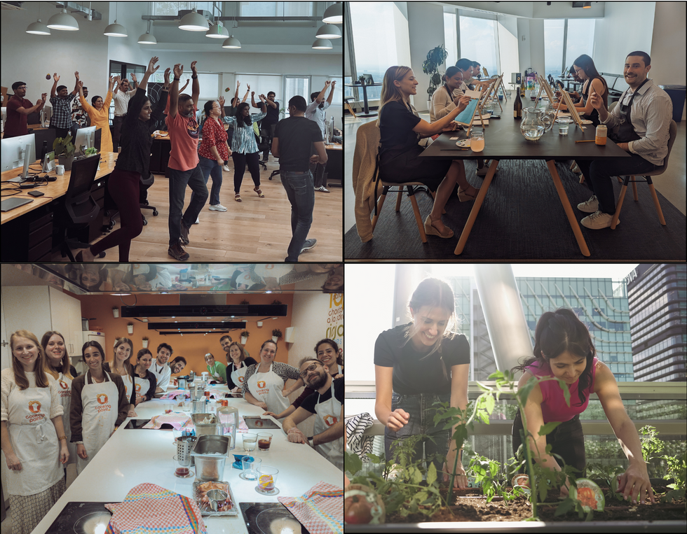 Four images of various wellness events at Celonis, including a stretching session, a painting class, a cooking class, and gardening