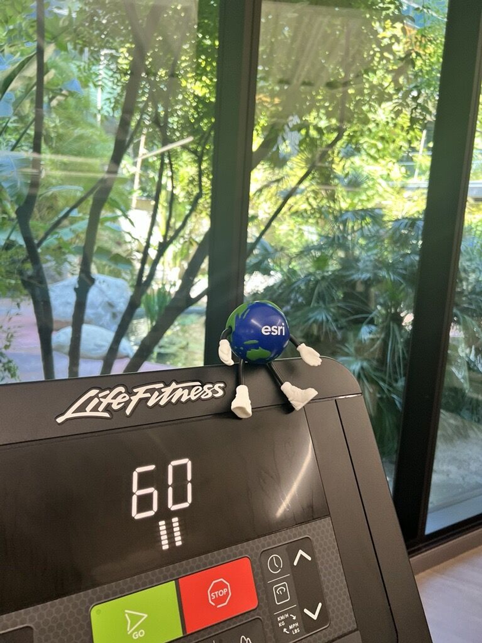 Globe figurine with Esri logo sat on top of a tread mill