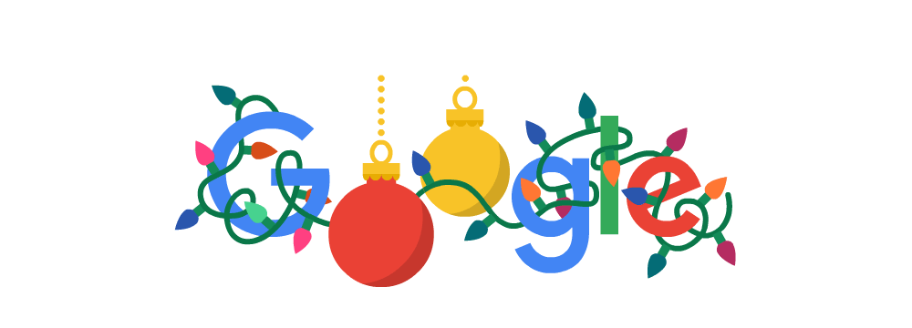 Google logo with Christmas lights wrapped around the letters and the two "o"s represented as ornaments