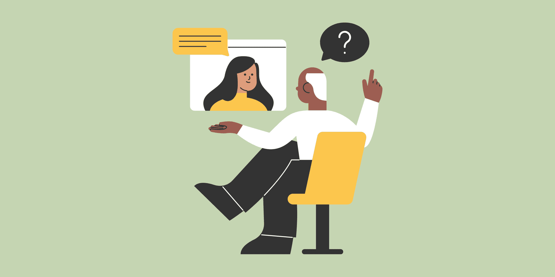 Graphic image of a man in an office chair speaking with a woman on a computer screen