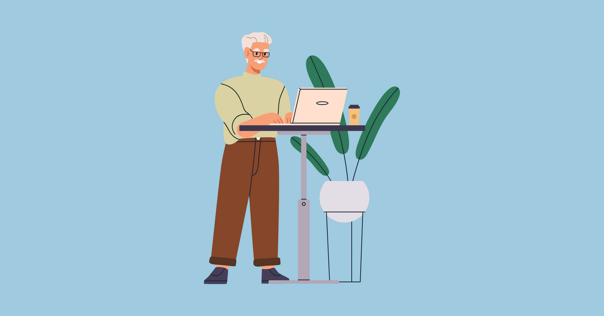 Graphic image of a man standing while typing on a computer at small desk next to a potted plant