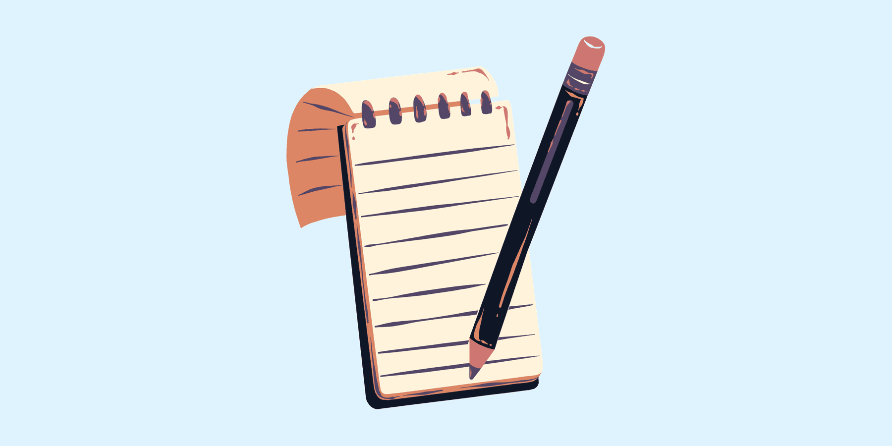 Graphic image of a note pad and pencil on a light blue background