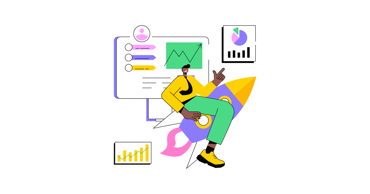 Graphic image of a person sitting on a rocket in front of three graphs symbolizing work goals and responsibilities 