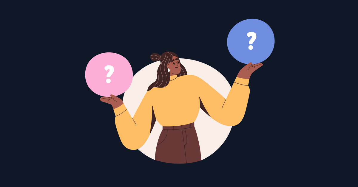 Graphic image of a woman holding a ball with a question mark in the middle in each hand and gazing thoughtfully at one. 