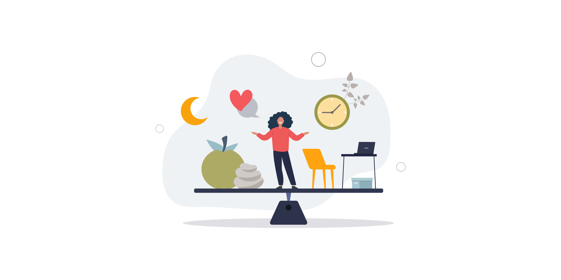 Graphic image of a woman standing in her office surrounded by various images including a moon, heart, apply, clock, plants, and desk