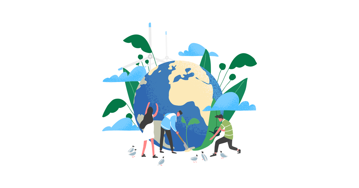 Graphic image of a world surrounded by plants and clouds with three people watering and taking care of it