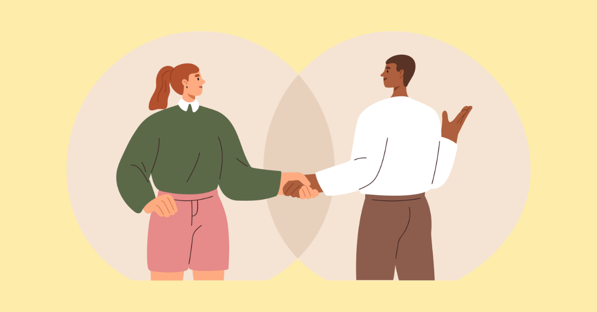 Graphic image of two employees shaking hands on a yellow background for a blog on the "The DEIB-backed employee benefits candidates expect to see in 2025"