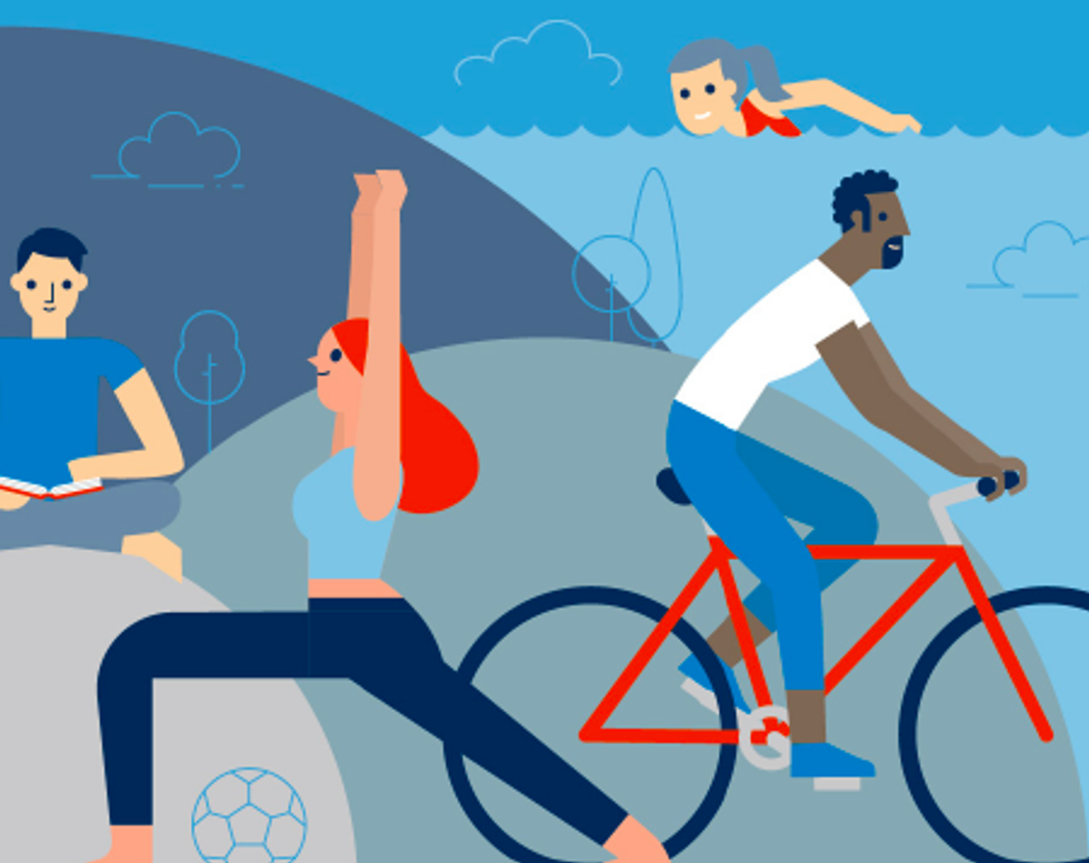 Graphic image of various characters doing physical activities like biking, yoga, and swimming