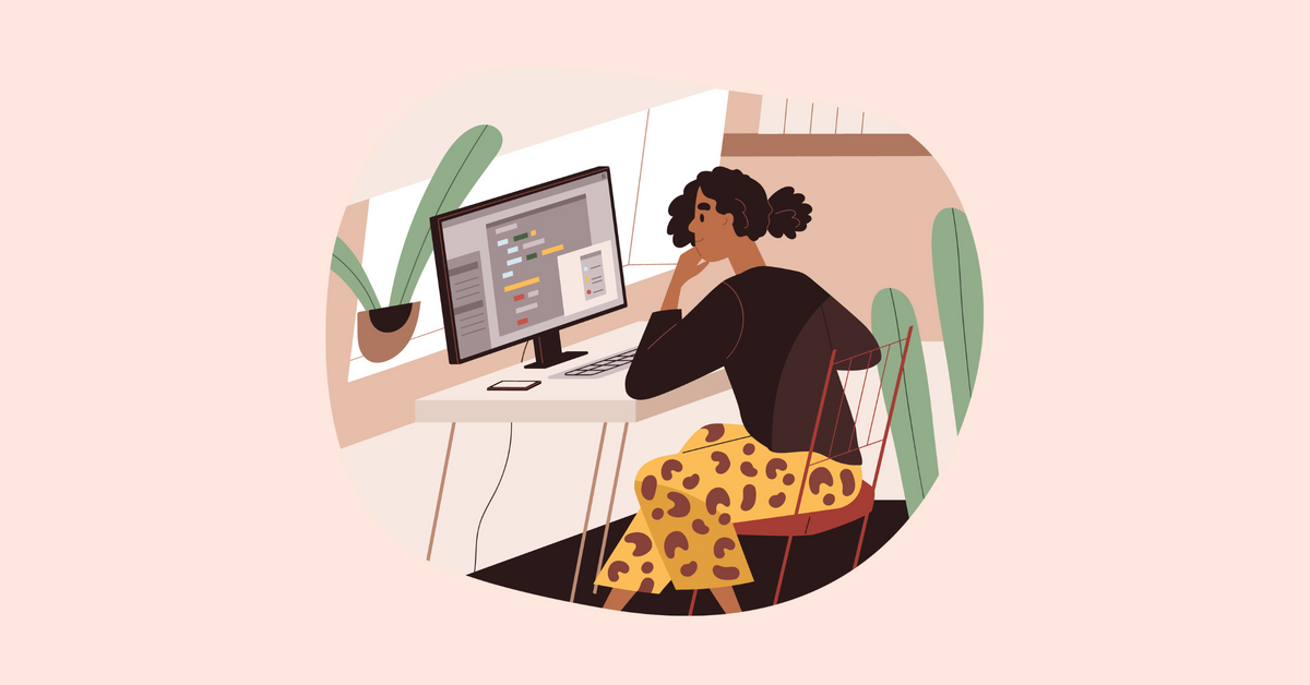 Graphic of a woman sitting at a desk and thoughtfully looking at her computer screen 