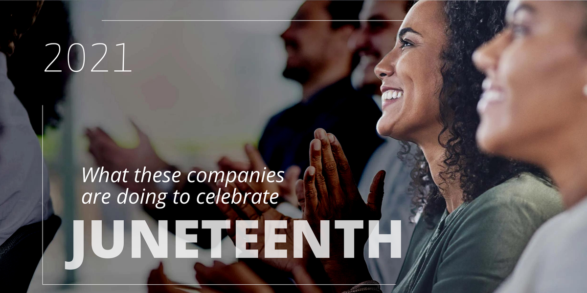 Group of people smiling and clapping with the title– What these companies are doing to celebrate Juneteenth