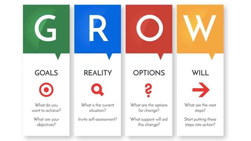 "GROW" acronym, standing for: Goals, reality, options, and will