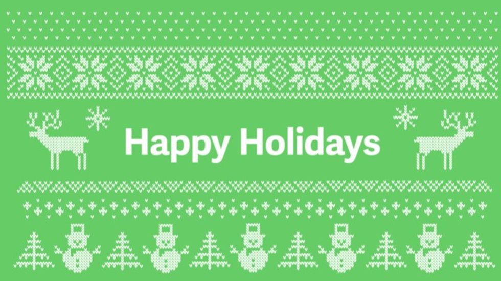 Happy holidays text on top of a green background with snowmen, tree, and reindeer graphics