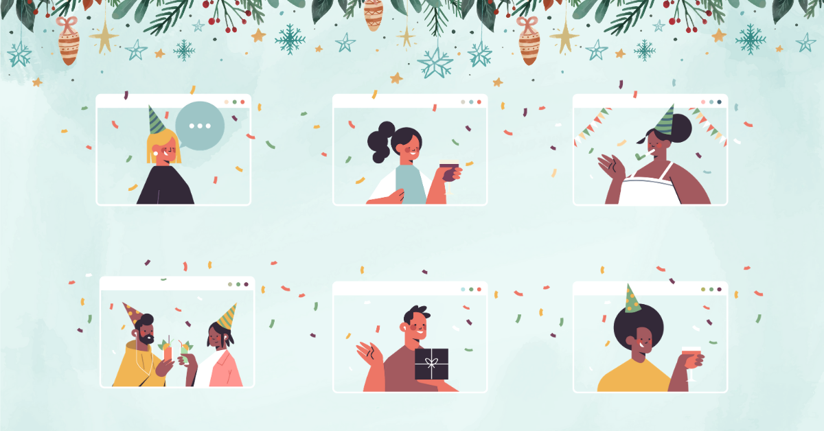 holiday greeting card style illustration of people celebrating the holidays remotely