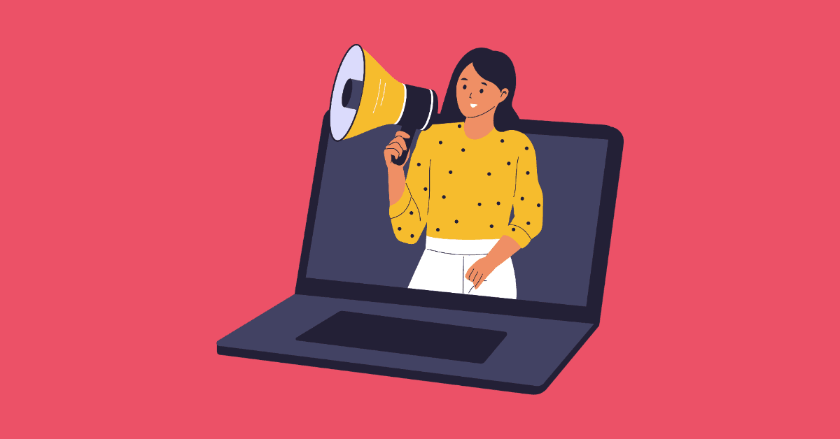 Illustrated woman on a laptop holding a megaphone, symbolizing employer branding, digital outreach, and attracting tech talent through online platforms and employee advocacy.