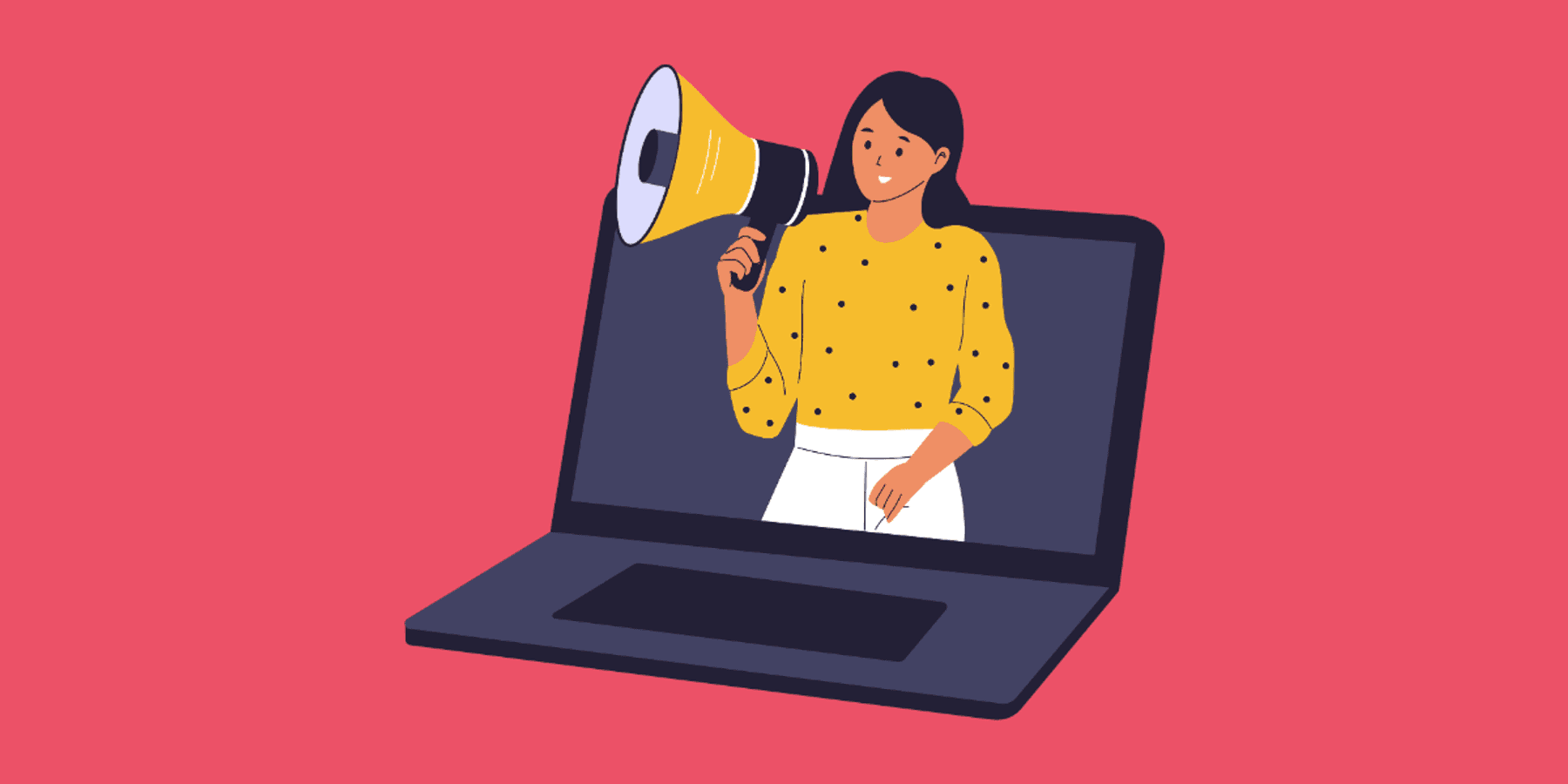 Illustrated woman on a laptop holding a megaphone, symbolizing employer branding, digital outreach, and attracting tech talent through online platforms and employee advocacy.