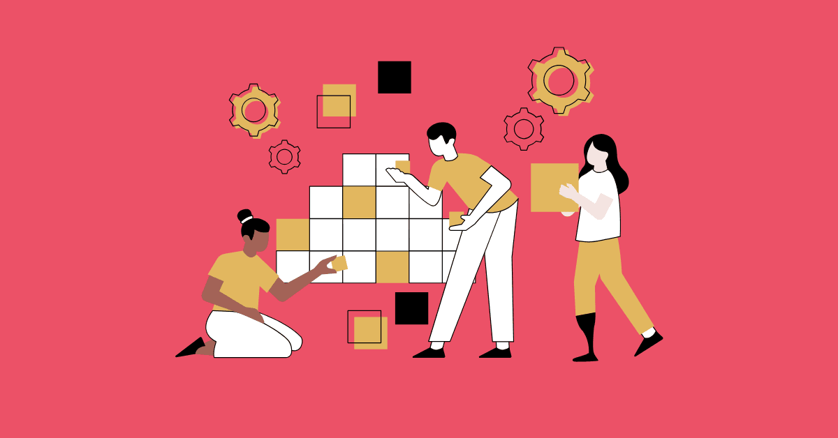 Illustration of a diverse team assembling puzzle pieces and gears to represent closing the AI skills gap through workforce training, collaboration, and AI readiness.