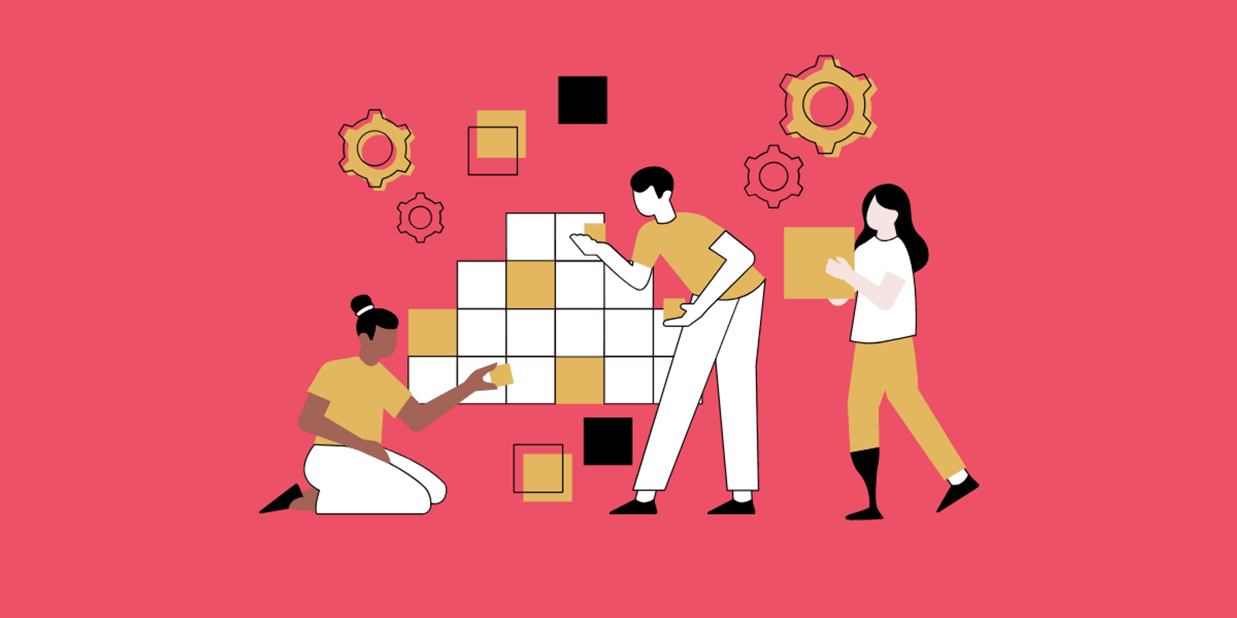 Illustration of a diverse team assembling puzzle pieces and gears to represent closing the AI skills gap through workforce training, collaboration, and AI readiness.